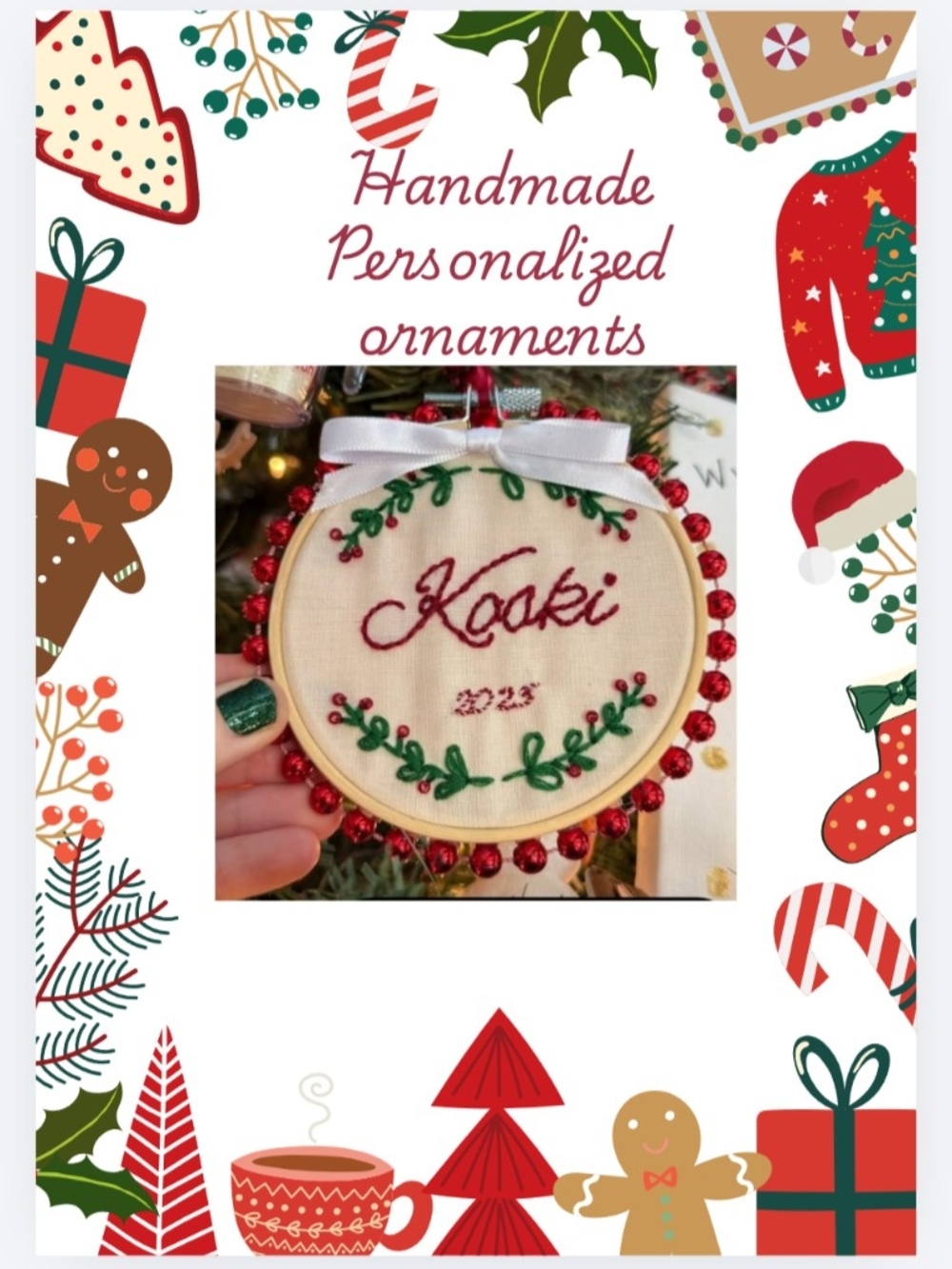 Handmade Personalized Christmas Ornament - Red Beaded Embroidery